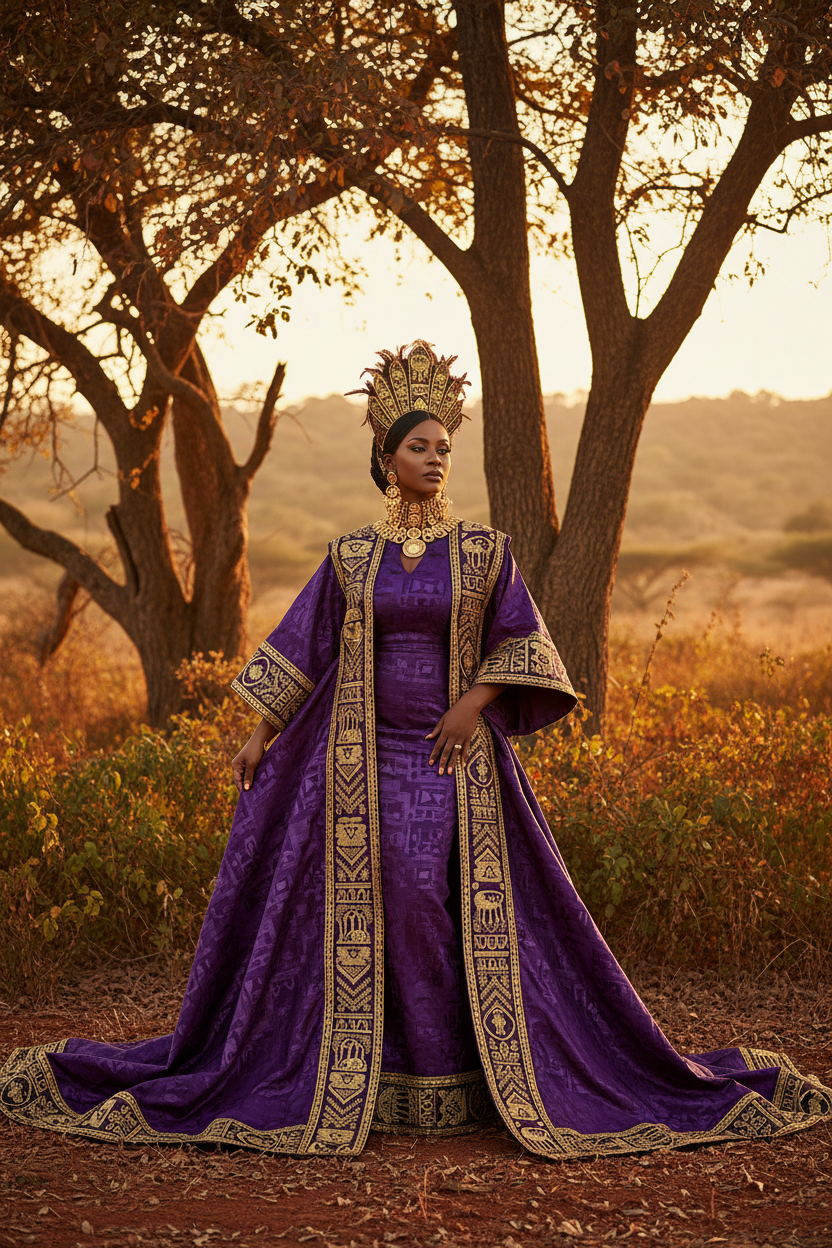 Design as featured images: tribal and ethnic collections of Women (young and adult) wear, collections of Men wear (young and adult) highlighting sophisticated fabrics and dswaigns with following colours: purple for the main wear. Golden edges on the main wear. Provide six design collection based on specifics mentioned (collection of two women wear; collection of two men wears: collection of two teemagers wears -- boy and girl)